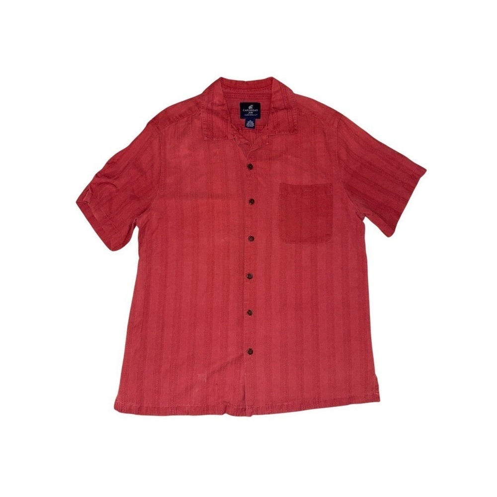 Caribbean Joe Men's Button-Up Shirt XL‎ Red Striped Camp Collar Short